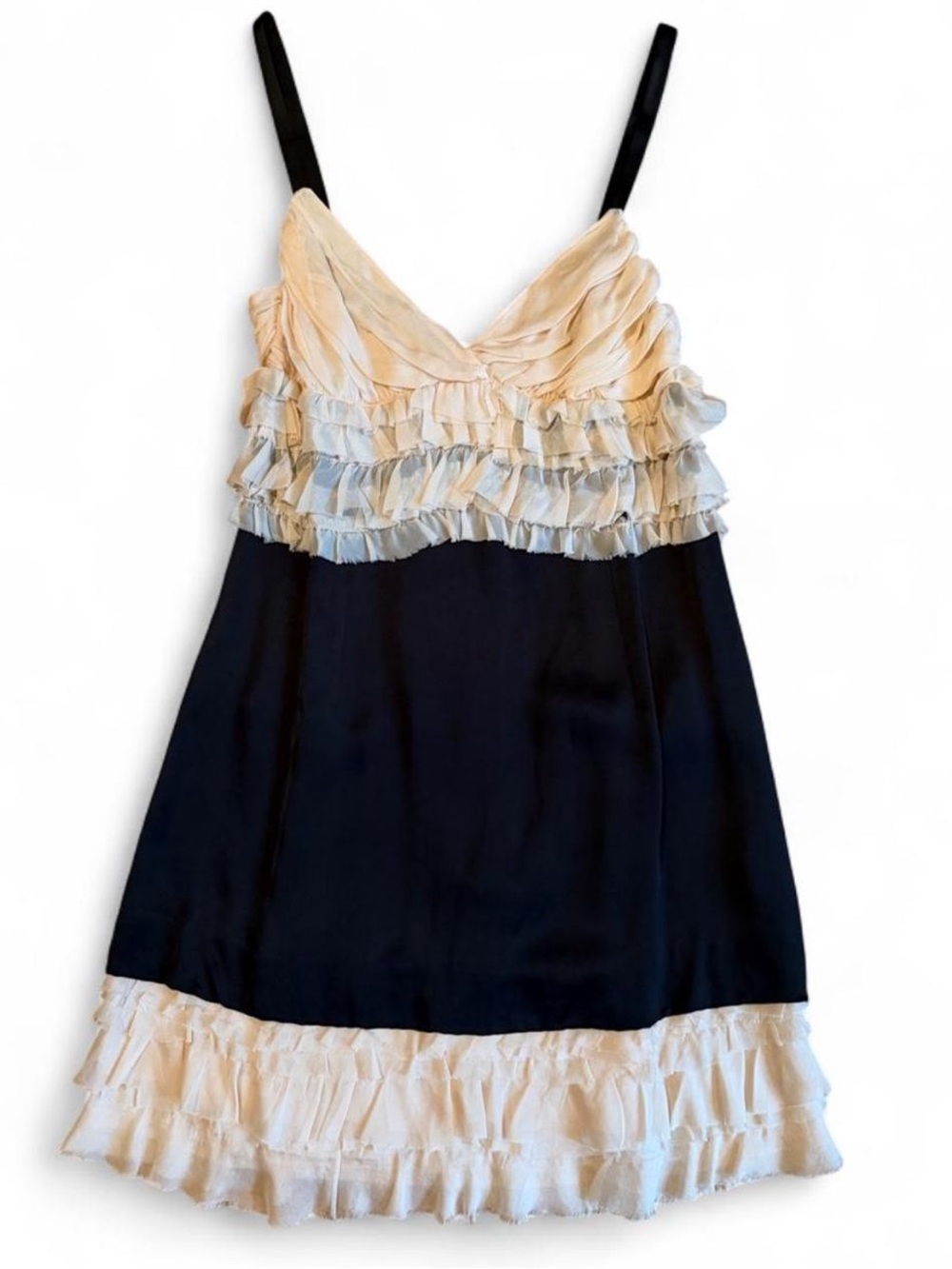 Dolce & Gabbana Black and Pastel Pink/Cream Ruffle Camisole Silk Slip Dress